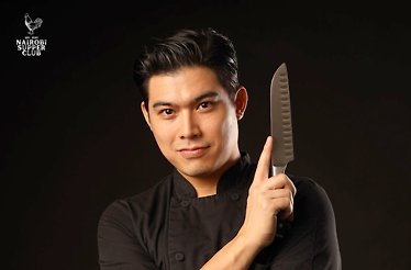 A chef wearing a black apron and holding a santoku knife. Nairobi Supper Club is displayed in a corner.