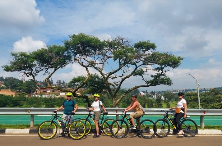 Four people with e-bikes posing by a scenic roadside and tree.