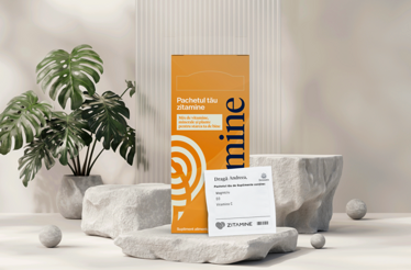Orange package of Zitamine supplements on a stone structure with a potted plant on the left.