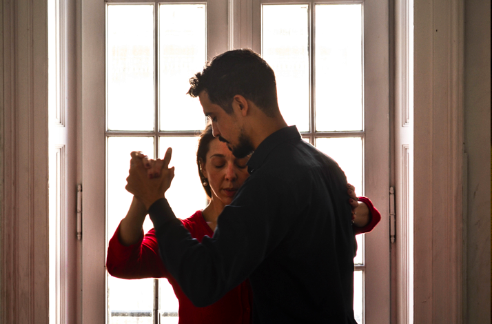 Man and woman dancing tango during private tango session in San Telmo, Buenos Aires, Argentina.