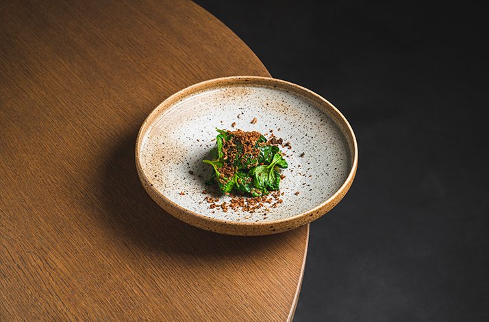 A minimalist gourmet dish with green spinach and crunchy crumbs on a speckled ceramic plate at a Osteria Acquarol restaurant.