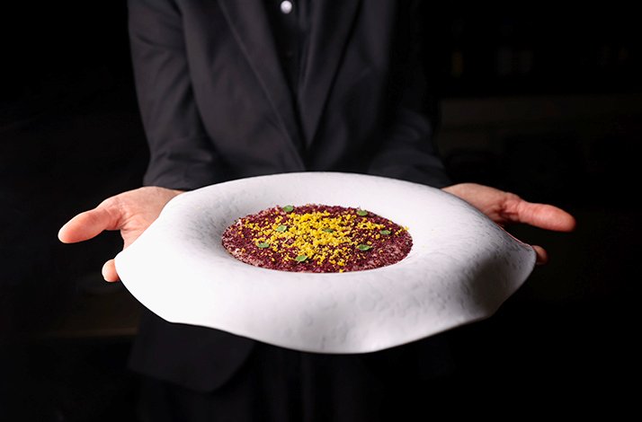 A server presenting a finely plated gourmet dish from the tasting menu at La Sosta del Cavaliere restaurant.