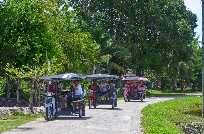 Several samlor (motorized rickshaws) carrying passengers along a tree-lined road on Koh Klang island.