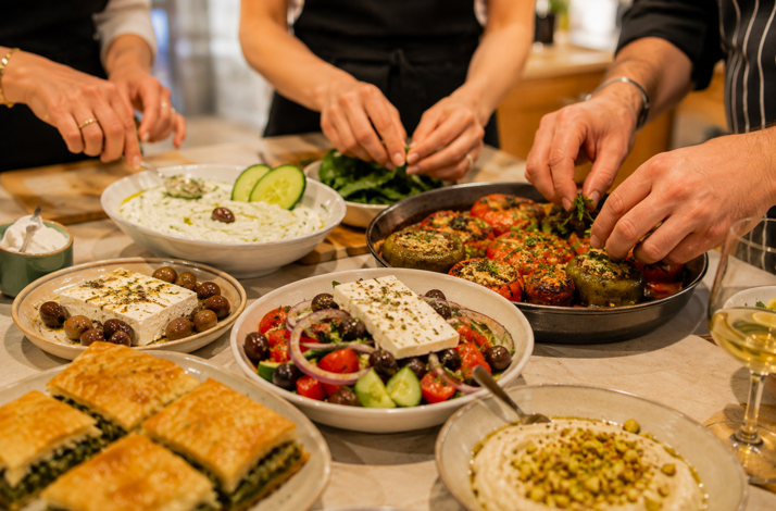 Close-up of Greek dishes made at a cooking class in Pangrati.