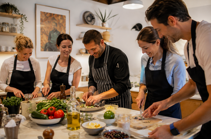 A group of people learning from a chef during a cooking class at Pangrati.