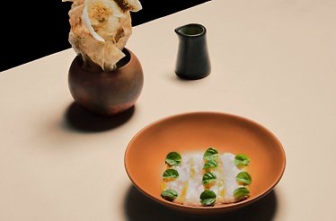 Oda - Pesca ahumada — smoked-fish signature plate with native pottery and microgreens