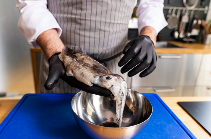 Chef wearing black gloves cleaning fresh cuttlefish over a steel bowl, preparing Dalmatian black risotto ingredients.