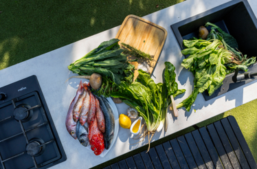 Fresh whole fish, Swiss chard, lemon, garlic, and herbs laid on outdoor kitchen counter for Dalmatian grilled fish preparation.