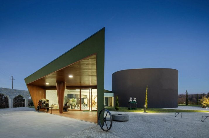 Modern architectural exterior of the Museu do Azeite in Bobadela, Portugal.
