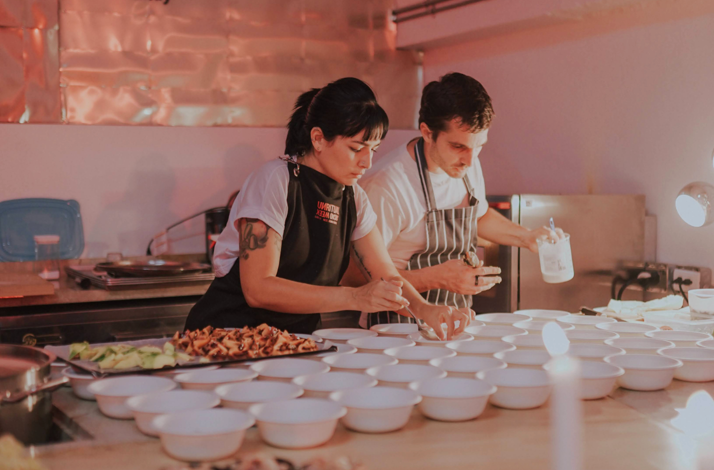 Cacao tasting dishes being prepared in workshop.