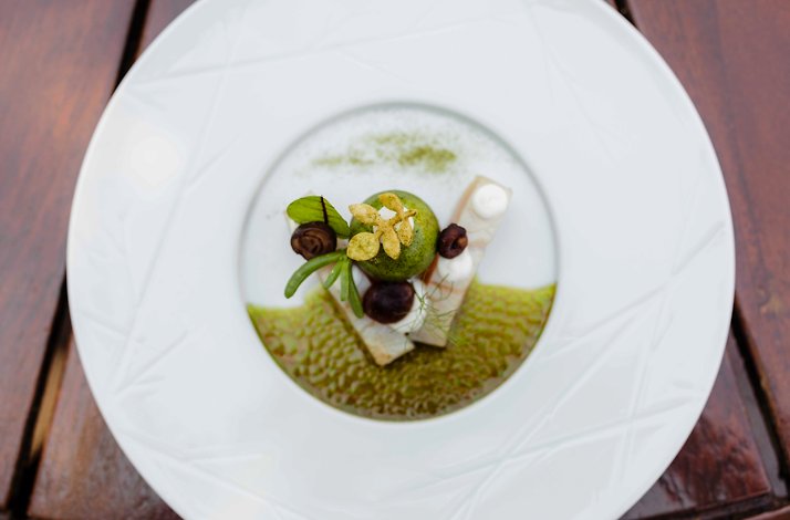 An artistic gourmet dish served on a white plate at Landhuishotel De Bloemenbeek in the Netherlands.