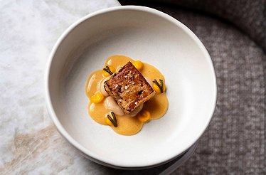 A signature creation served at Quirat restaurant in Barcelona.