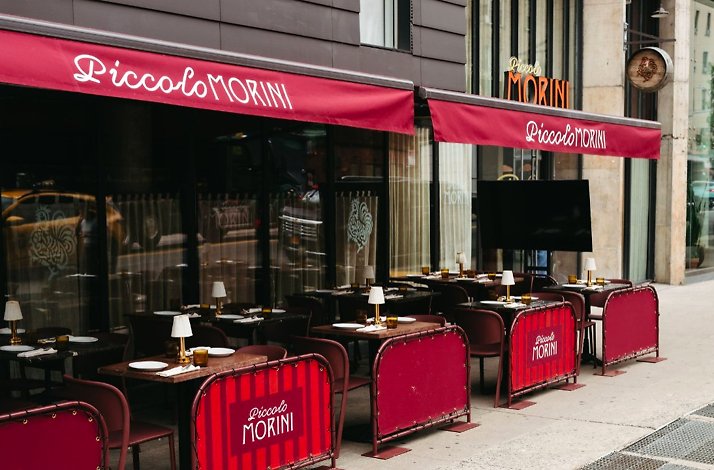 View of the terrace of Piccolo Morini restaurant from the street.