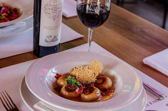 Casa Vigil - White bowl of seared potato gnocchi in a light sauce with sun-dried tomatoes, a basil sprig and a crisp cheese tuile, served beside a glass of red wine and a bottle of Gran Enemigo.
