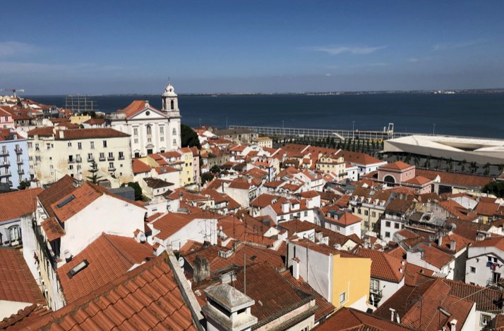 Panoramic aerial view of Alfama's terracotta rooftops stretching toward the Tagus River under a clear blue sky, Lisbon.