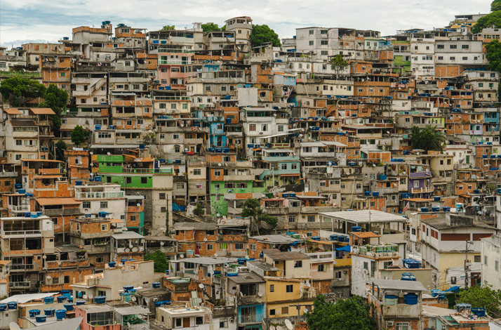Panoramic view of Vidigal's hillside neighborhood in Rio de Janeiro, showcasing the densely layered homes and unique urban landscape of one of the city's most vibrant communities.