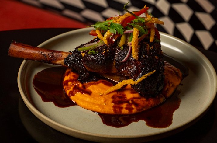 Braised bone-in lamb shank on sweet potato puree and dark mole, topped with herb salad at Lucia LA.