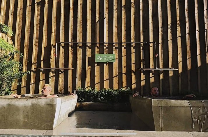 Concrete cold plunge tubs at the Treehouse Sauna.