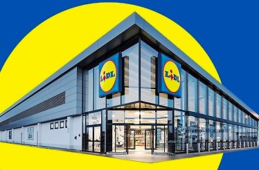 Exterior of a Lidl supermarket on a blue and yellow background.