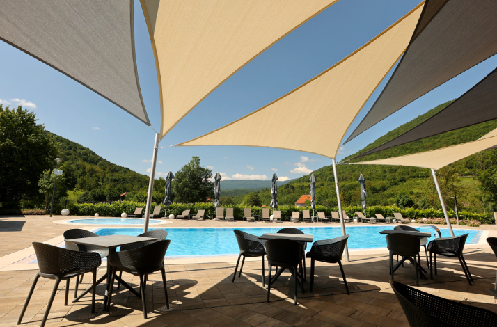 Poolside terrace in Plitvice countryside.