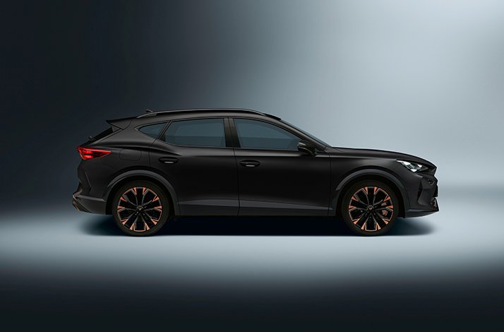 Matte black CUPRA Formentor SUV with distinctive copper alloy wheels in side profile, available through SIXT Gold status for Mastercard World Elite.