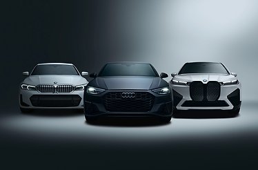 White BMW 5 Series, black Audi S5, and white BMW iX SUV facing forward in dramatic studio lighting, highlighting SIXT's Platinum-status vehicle selection.