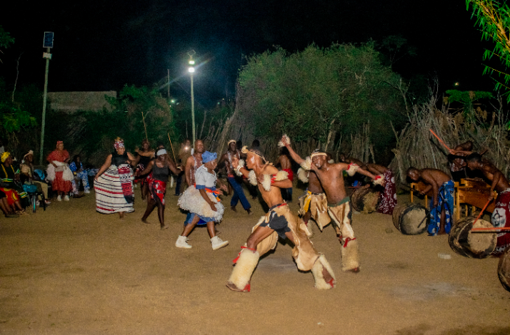 Zulu male dancers in traditional animal-skin attire performing energetic ceremonial moves beside drummers at an outdoor night event. 