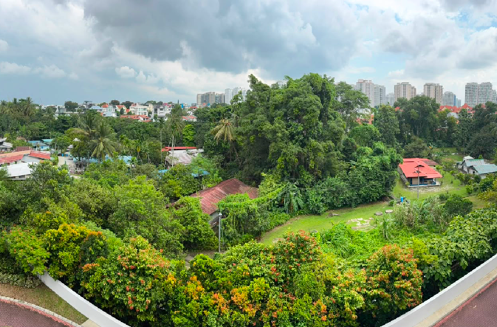 Panoramic elevated view of Kampong Lorong Buangkok's lush village canopy and red-roofed houses, contrasting sharply with Singapore's towering urban skyline beyond.