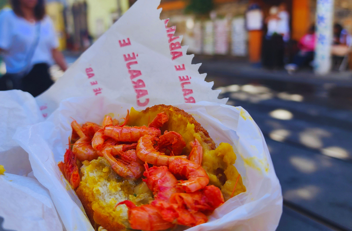Delicious local street food with shrimp in Rio de Janeiro.