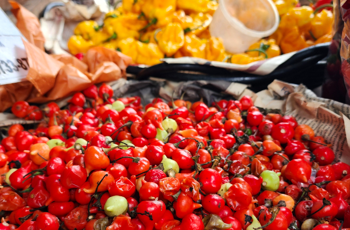 Closeup of red fruits and spices in local fruit market in Rio de Janeiro.