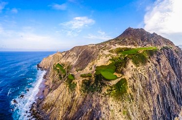 Bird's eye view of the cliff-top hole at the Quivira Golf Club in Cabo San Lucas, Mexico.