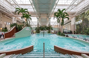 Indoor pool area at Felixarium Aquapark, surrounded by tropical palms, water features, and relaxation chairs.