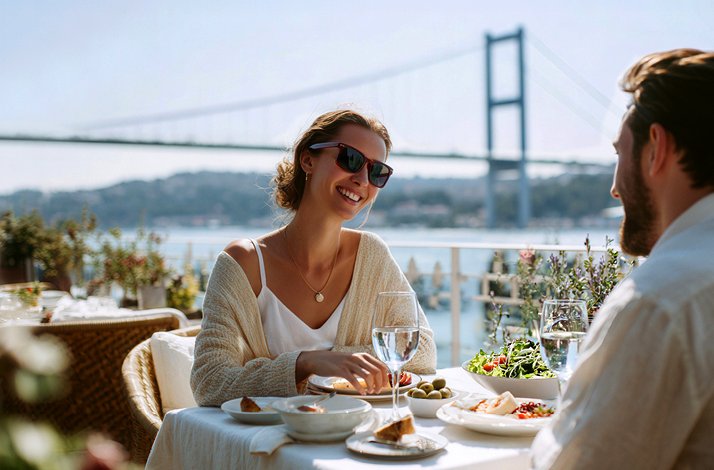 A couple dining outdoors at a waterfront restaurant overlooking the Bosphorus Bridge in Istanbul.