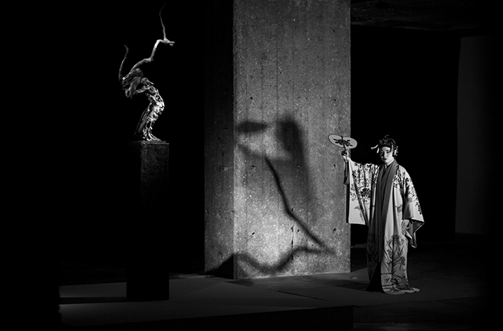 Black-and-white stage scene: robed performer holds a staff as a statue and shadow loom behind.