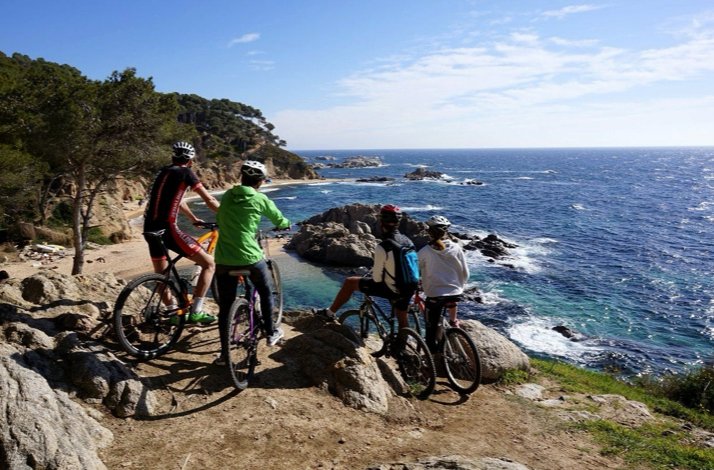 Four mountain bikers stop on a cliffside path and look out over a rocky shoreline and blue sea.