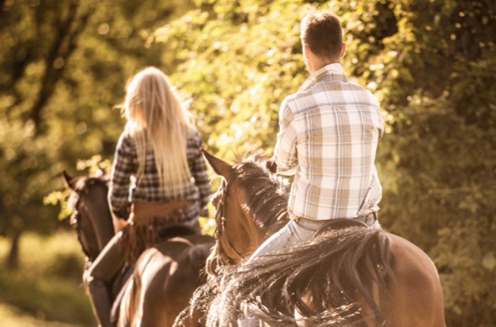 Two people horseback riding along a sunlit wooded trail, viewed from behind.
