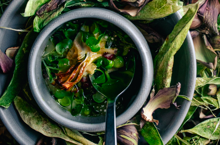 Seasonal Korean-inspired dish showcasing fresh vegetables, herbs and house-crafted accompaniments, reflecting Han's focus on locally sourced ingredients and fermentation techniques.