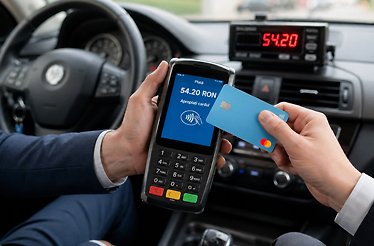 Contactless Mastercard payment of 54.20 RON being made via card terminal inside a Meridian Taxi cab.