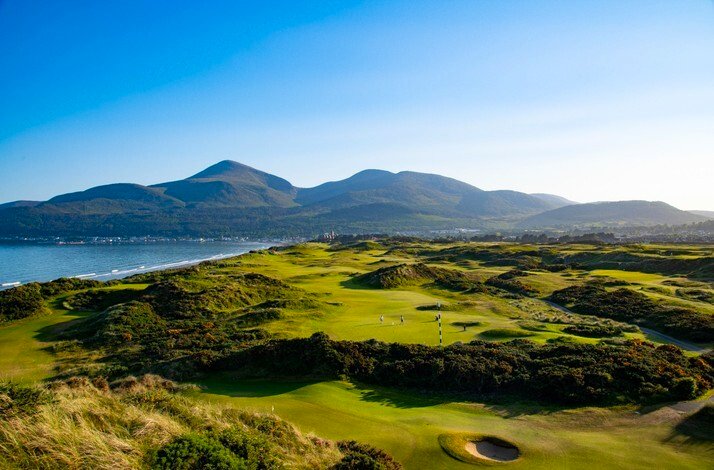 Mountainous view over the golf championship courses in Northern Ireland.