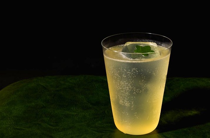 Drink at Firstborn: pale sparkling cocktail in a clear tumbler with an ice cube and green leaf garnish.