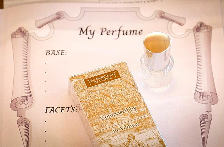 My Perfume - personalised blending worksheet beside a The Merchant of Venice gift box reading Composed by in Venice.