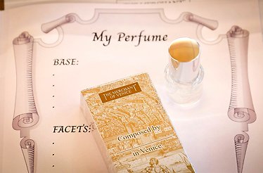 My Perfume - personalised blending worksheet beside a The Merchant of Venice gift box reading Composed by in Venice.