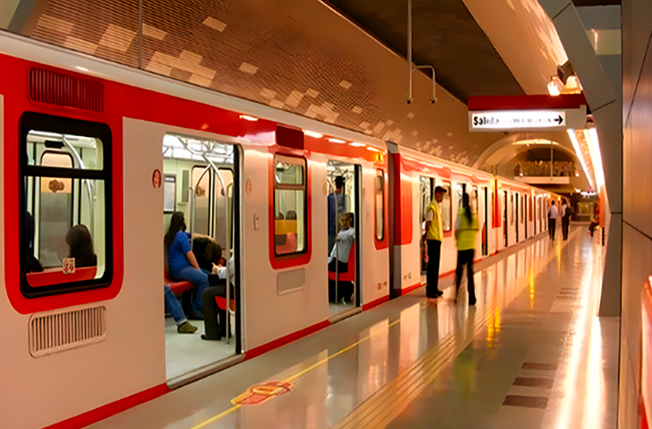 Modern Santiago Metro train at a station platform, highlighting the public transportation system used to explore the city like a local.