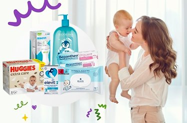 A parent nuzzling their smiling baby, shown with baby care products including Huggies Extra Care, Bepanthen, and Bioderma for spring.