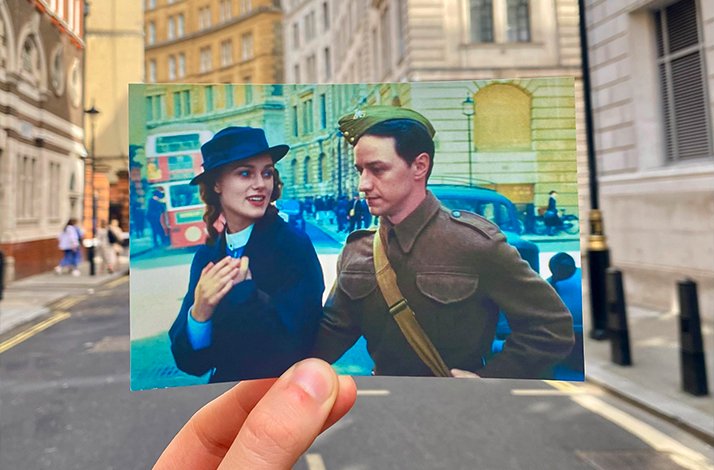 Keira Knightley and James McAvoy in Atonement aligned with a classic London street corner.