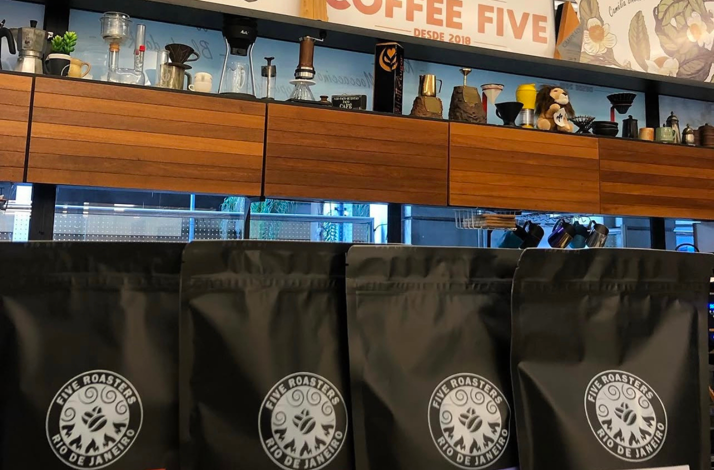 Specialty coffee bags and brewing equipment at Coffee Five in downtown Rio de Janeiro.