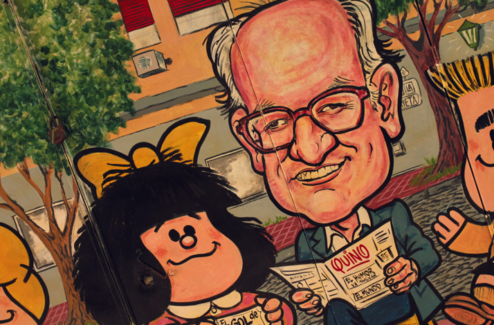 Comic mural celebrating Argentina's iconic comic strip characters in Buenos Aires.