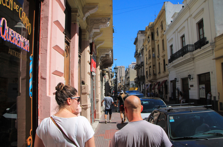 Guests exploring the historic streets of San Telmo on a comic heritage walking tour in Buenos Aires.