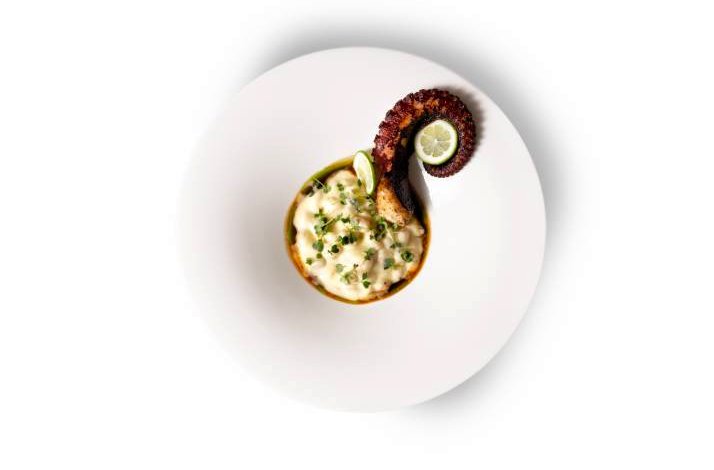 Plated gourmet grilled octopus from the fine-dining menu at Hotel Lemongarden in Sutivan, Croatia.