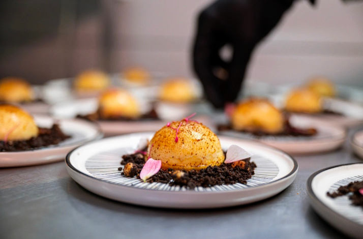 Chef’s hand finishing plated course in the kitchen (close-up, fine-dining plating).